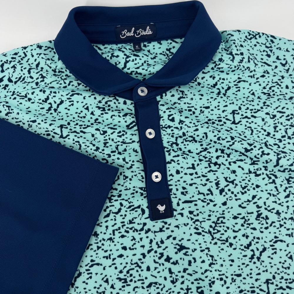 Bad Birdie Mens XL Golf Polo Shirt Teal Navy Blue Abstract Splatter Performance